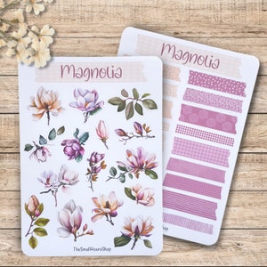 Autocollant fleurs de magnolia - autocollants printemps, feuille d’autocollants fleurs de magnolia, autocollants de journal de planificateur, autocollants BuJo, bandes washi rose pêche