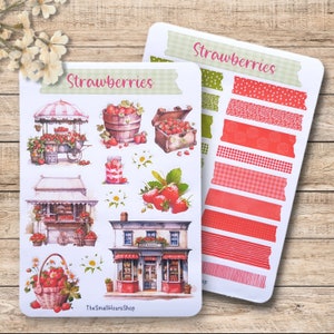 Folha de adesivos de morangos - adesivos de morangos de verão, folha de adesivos de morangos, cesta de flores, diário de lixo do planejador BuJo, fita Washi