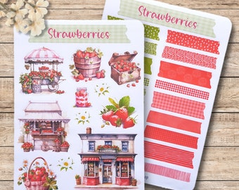 Jordgubbar klistermärkesark - Sommarjordgubbsklistermärken, Jordgubbshuskorgblommor klistermärkesark, BuJo Planner skräpjournal, Washi-tejp