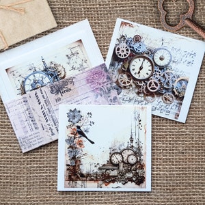 Steampunk Collage Background Sticker Set - 6 transparente Hintergrund Sticker für Journal Collagen, Aufkleber Uhrwerk Zahnräder futuristisch