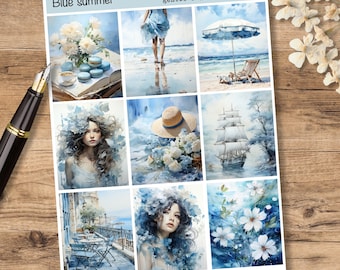 Transparenta klistermärken - Blå Sommar - klistermärkesark med 9 sommarklistermärken och matchande citat, klistermärken för planerare, art journal-tillbehör