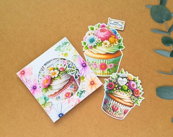 Die Cuts Flower Cupcakes - Ensemble de pièces découpées de 12 cupcakes pour la fête des mères, découpes en papier dans une enveloppe cadeau