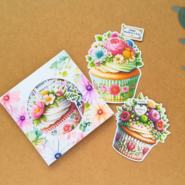 Die Cuts Blumen Cupcakes - Stanzteile Set 12 teilig Cupcakes für den Muttertag, Papierausschnitte in Geschenkumschlag