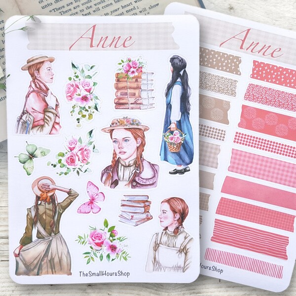 Anne avec une feuille d’autocollants E - Autocollants Anne of Green Gables, Feuille d’autocollants Girls Shabby Chic, BuJo Planner Junk Journal, Washi Tape