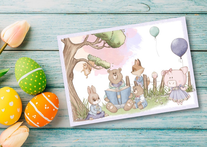 Carte postale ludique Heure de lecture Carte postale de qualité supérieure aspect lin DIN A6, carte avec joli motif animalier, anniversaire de Pâques image 4