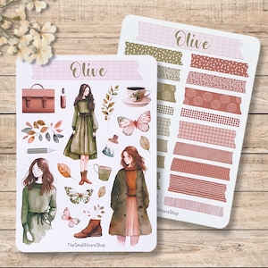 Folha de adesivos - Oliva | Folha de adesivos com motivos de outono, folhas de outono e meninas, adesivos BuJo, adesivos para planejador, conjunto de adesivos para scrapbook