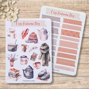 Sticker Sheet Cosy Autumn Day V1 - Aufkleber Herbst, Stickerbogen Herbstmotive, BuJo Planer Junk Journal Sticker, Washi Tapes grau orange