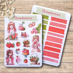 Feuille d’autocollants de fraises - Autocollants Fraises d’été, Feuille d’autocollants Gâteau de fille aux fraises, BuJo Planner Junk Journal, Washi Tape