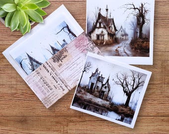 Shabby Village Background Stickers, Set of 6 - 6 transparent background stickers for journal collages, transparent Halloween stickers