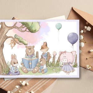 Carte postale ludique Heure de lecture Carte postale de qualité supérieure aspect lin DIN A6, carte avec joli motif animalier, anniversaire de Pâques image 2