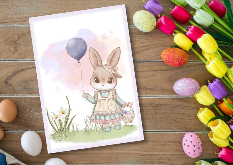 carte postale ludique Bonjour printemps carte postale de qualité supérieure aspect lin DIN A6, carte avec un joli motif de lapin, Pâques, anniversaire image 5