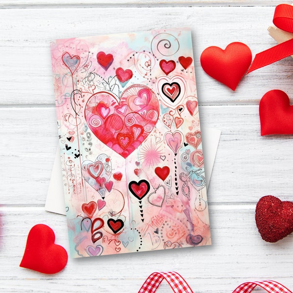 Carte Saint Valentin Coeurs Motif6 | Carte postale de qualité supérieure aspect lin DIN A6, carte postale de Saint-Valentin avec motif cœur coloré.