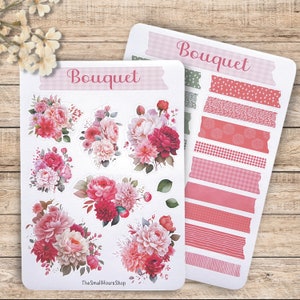 Stickerbogen "Bouquet" Blumen Aufkleber Frühling, florale Sticker und farblich abgestimmte Washi Tape Sticker für BuJo Planer Journals