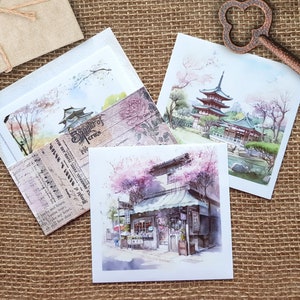 Frühling in Tokio Sticker Set - 6 transparente Hintergrund Sticker für Journal Collagen, Aufkleber Stadt Reise Kirschblüte Sakura