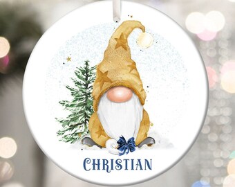 Personalised Gold Gnome Christmas Decoration, Hanging Decoration, Gold Gonk Tree Decoration, Ceramic Bauble