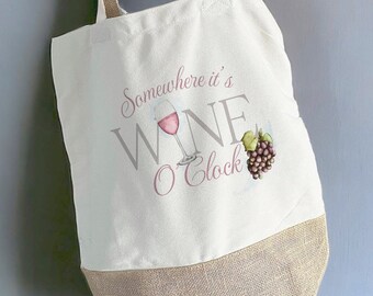 Personalised Jute Tote Bag, 'Wine O'Clock' Tote Bag, Tote Bag Gift, Wine Shopping Bag, Beach Bag
