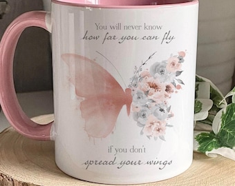 Personalised Butterfly Mug, Rose Gold Butterfly Mug Set, Positivity Gift, Pink Butterfly Mug, Mothers Day
