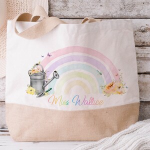 Bolsa de yute arcoíris personalizada, regalo para profesores, bolsa grande para la compra, bolsa de vacaciones de verano, bolsa de playa, bolsa grande de lona y yute