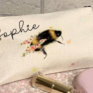 Bee Make Up Bag, Cosmetic Bag, Bumble Bee Gift, Linen Pouch