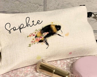 Bee Make Up Bag, Cosmetic Bag, Bumble Bee Gift, Linen Pouch