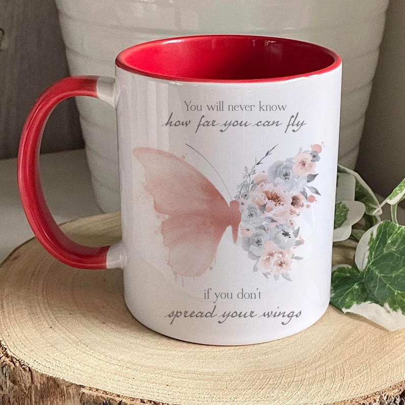Personalised Butterfly Mug, Rose Gold Butterfly Mug Set, Positivity Gift, Pink Butterfly Mug, Mothers Day RED