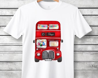 Camiseta personalizada de autobús para niños, camiseta de autobús de cumpleaños, autobús rojo, maestro de ruta, autobús de dos pisos, autobús de Londres