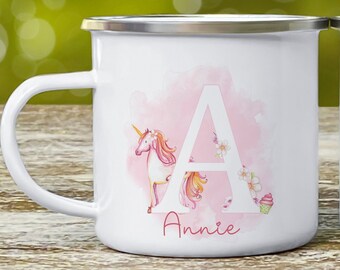 Children&#39;s Unicorn Alphabet Enamel Mug, Children&#39;s Personalised Mug, Unicorn Camping Mug, Tin Cup