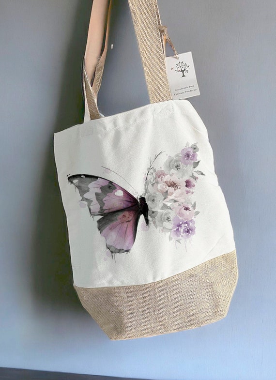 Personalised Butterfly Tote Bag, Purple Floral Butterfly Shopping Bag, Reusable Bag, Motivational Gift