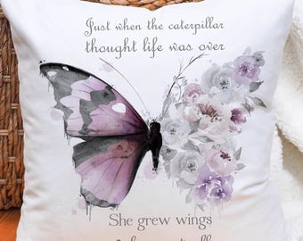 Lilac Floral Butterfly Cushion, Motivational Gift, Gift For Her, Positivity Gift, Mental Health Gift, Mothers Day Gift
