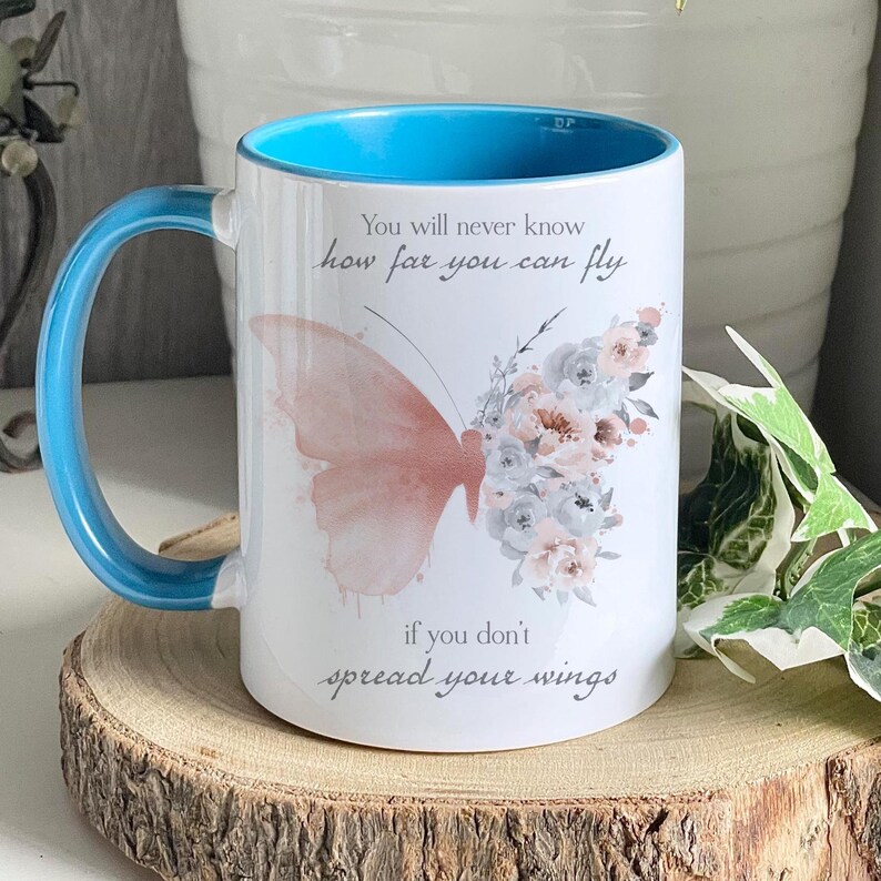 Personalised Butterfly Mug, Rose Gold Butterfly Mug Set, Positivity Gift, Pink Butterfly Mug, Mothers Day BLUE