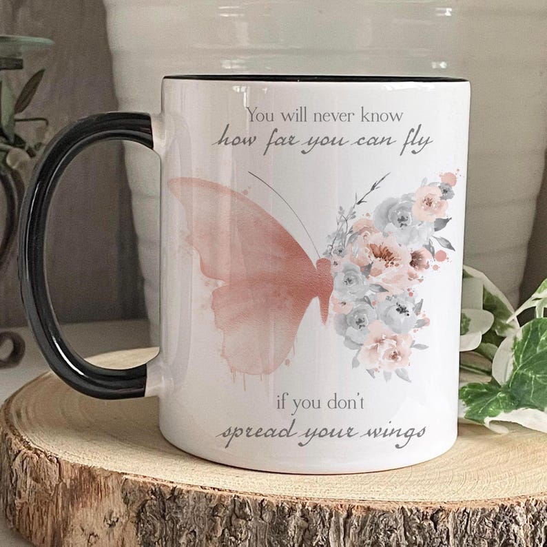 Personalised Butterfly Mug, Rose Gold Butterfly Mug Set, Positivity Gift, Pink Butterfly Mug, Mothers Day BLACK