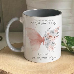 Personalised Butterfly Mug, Rose Gold Butterfly Mug Set, Positivity Gift, Pink Butterfly Mug, Mothers Day GREY