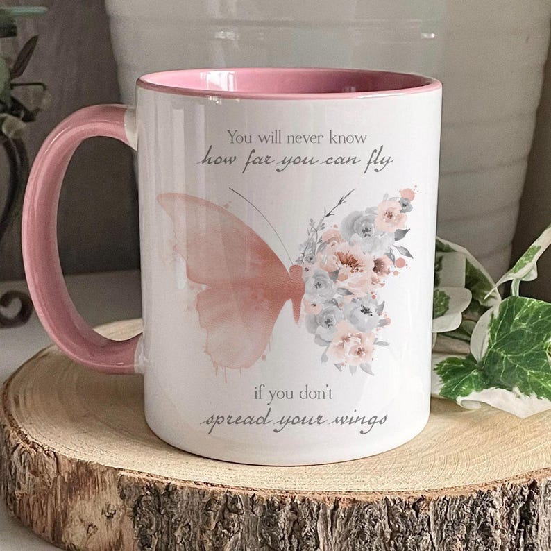 Personalised Butterfly Mug, Rose Gold Butterfly Mug Set, Positivity Gift, Pink Butterfly Mug, Mothers Day PINK