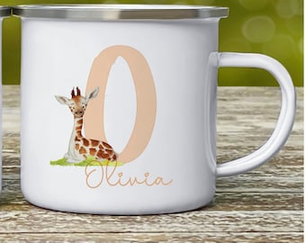 Personalised Safari Alphabet Enamel Mug, Childrens Safari Mug, Children&#39;s Camping Mug, Tin Cup