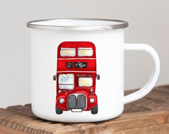 Red Bus Enamel Mug, Children&#39;s Mug, Double Decker Bus Camping Mug, Tin Cup, Bus Gift