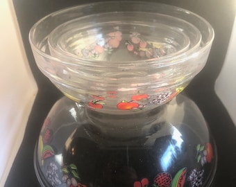 Vintage Imperial Glass nesting bowls 4 piece set with fruit design from the 1970s