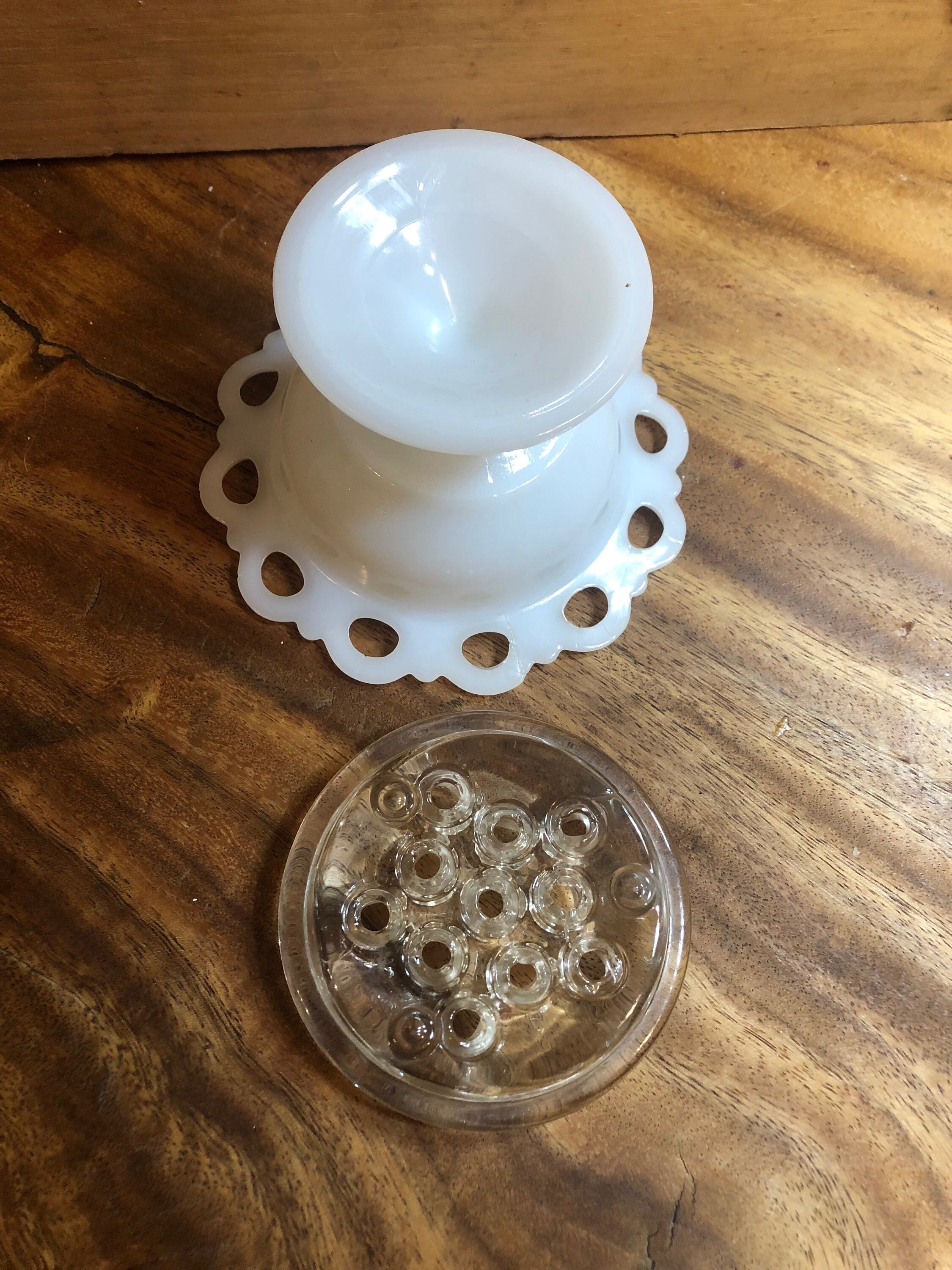 Vintage Milk Glass Vase With Flower Frog Made in the 1960s 2 Pieces Etsy