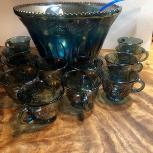 Blue Indiana carnival glass punch bowl set with 12 cups, punch bowl and laddle