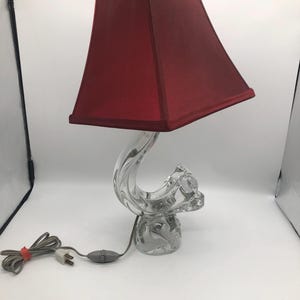 Beautiful vintage Daum Crystal flower table lamp with burgundy shade on top. Made in France in the 1950s