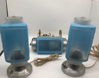 Rare Antique 3 piece beautiful blue glass table lamps and headboard lamp