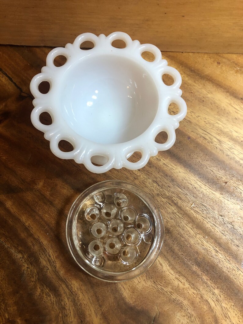 Vintage Milk Glass Vase With Flower Frog Made in the 1960s 2 Pieces Etsy