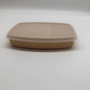 Puede incluir: Un recipiente rectangular beige para guardar alimentos con una tapa a juego. El recipiente tiene esquinas redondeadas y un borde transparente. La tapa se asienta al ras sobre el recipiente. El recipiente es de plástico.