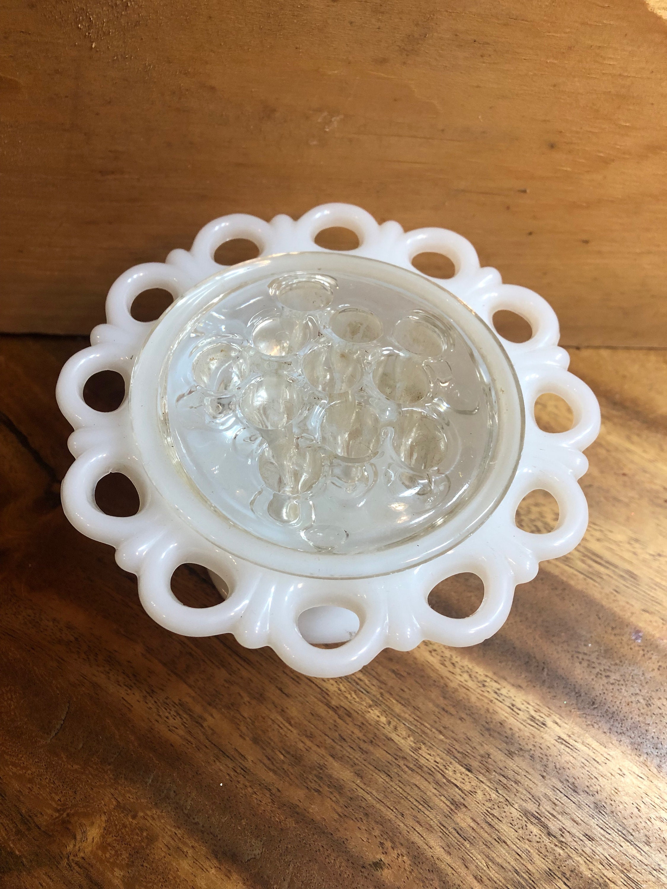 Vintage Milk Glass Vase With Flower Frog Made in the 1960s 2 Pieces Etsy