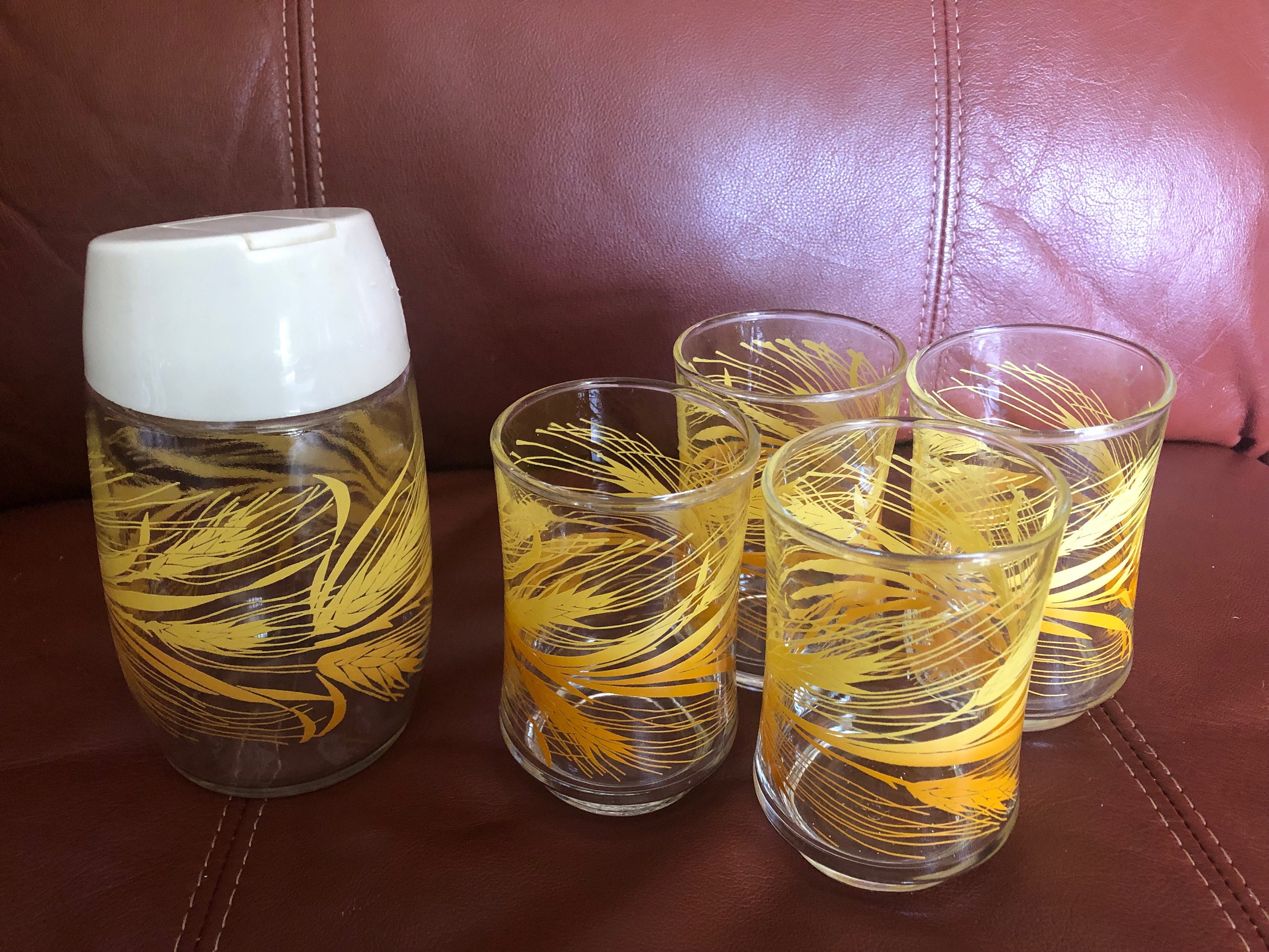 Vintage Set of 6 Yellow and Brown Wheat Glasses/ Dinner Glasses 