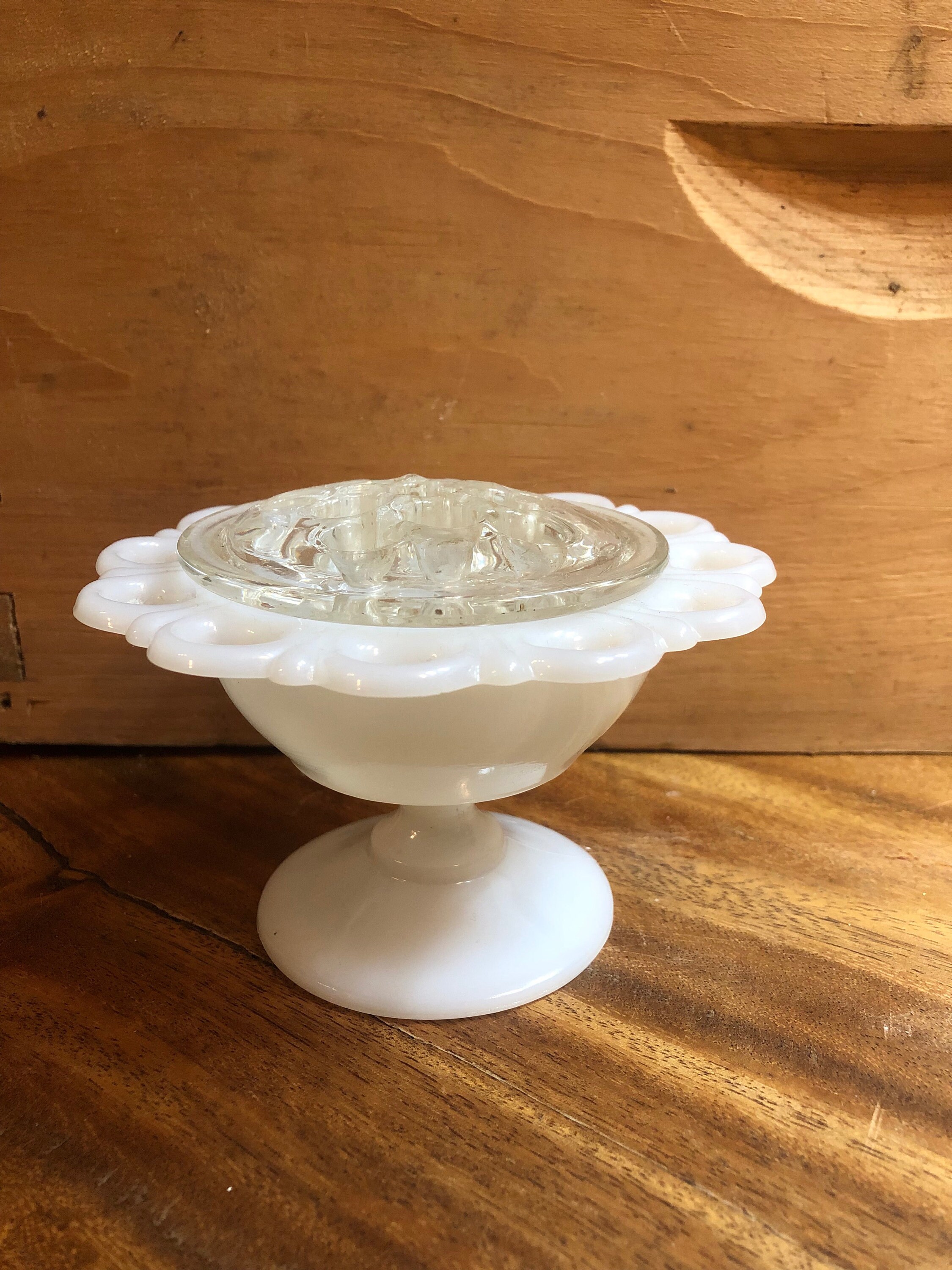 Vintage Milk Glass Vase With Flower Frog Made in the 1960s 2 Pieces Etsy