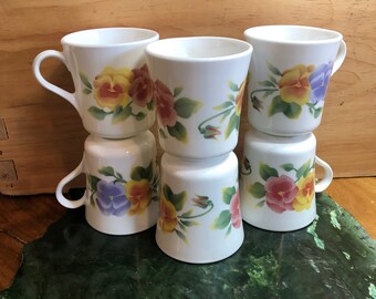 Set of 6 Summer Blush Corning colourful pansy flower mugs