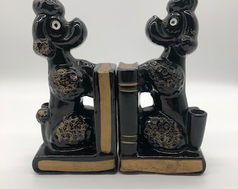 Suportes para livros vintage MCM de cerâmica Black Poodle com detalhes dourados e porta-canetas, fabricados no Japão