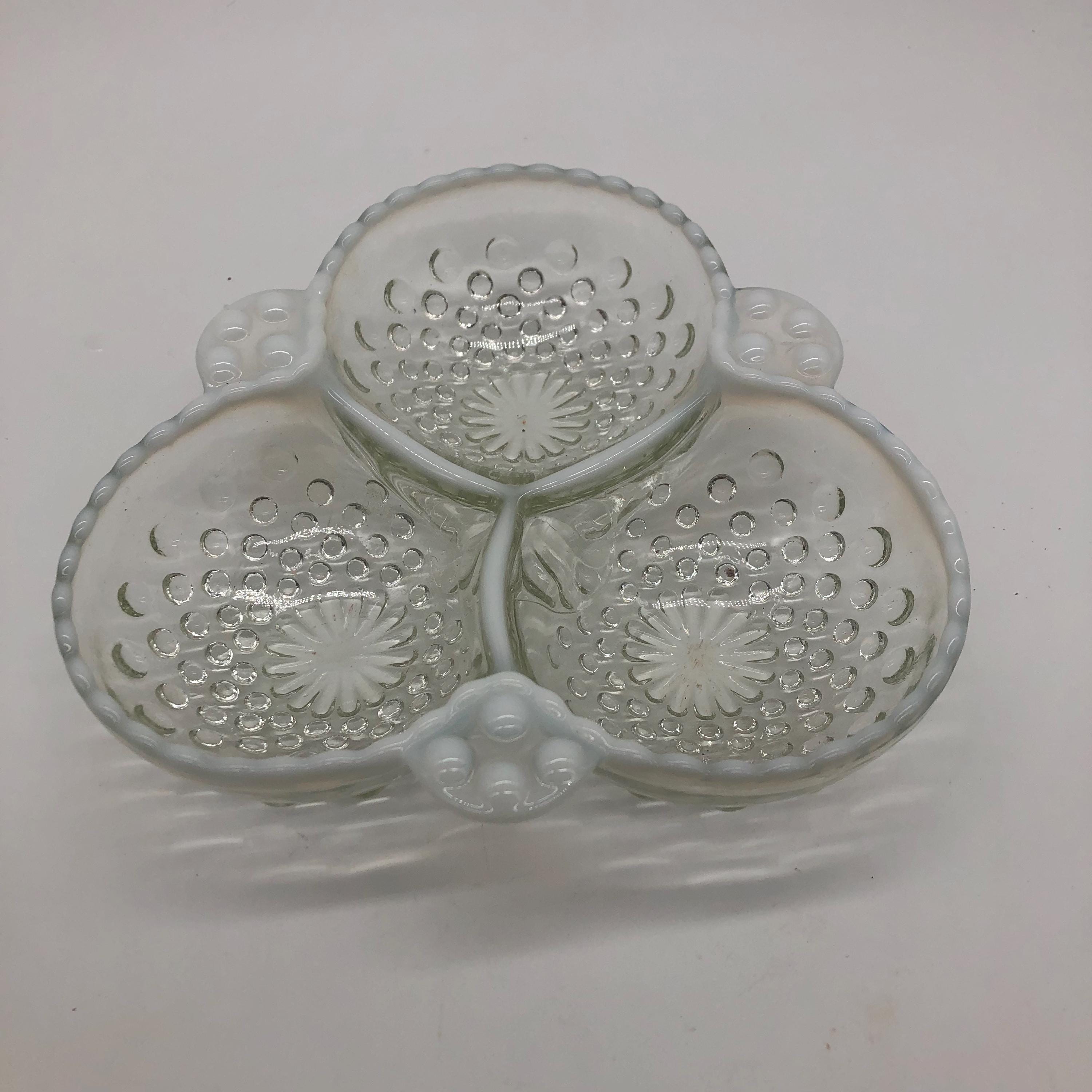 Vintage Fenton Hobnail Opalescent Moonstone Glass Divided Dish With 3 ...