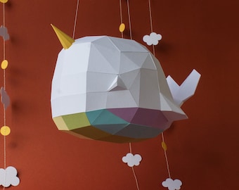 3d papercraft whale, Digital PDF templates, Paper baby room decoration, Rainbow whale svg, files for cricut, origami, Low Poly wall decor