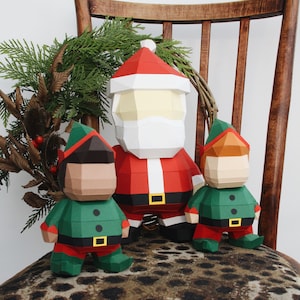 Santa + Elf 3d Papercraft Christmas decor DXF and SVG cricut files, PDF low poly christmas paper craft template, Xmas craft kit